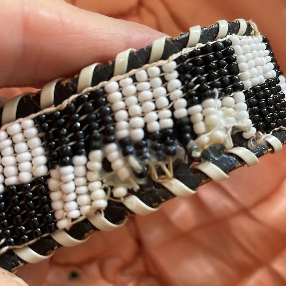 Vintage 80s Esprit black leather beaded black & white‎ check belt